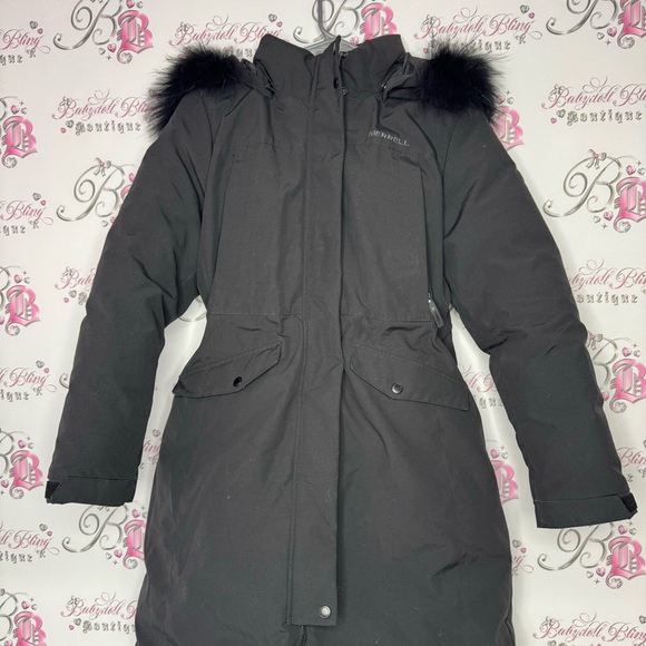 Merrell coat jacket parka puffer feather down black fur hood waist tie cinch - Picture 9 of 16